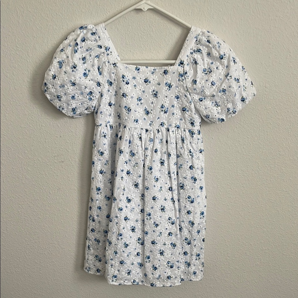 Floral Puff Sleeve Kids Dress - White and Blue